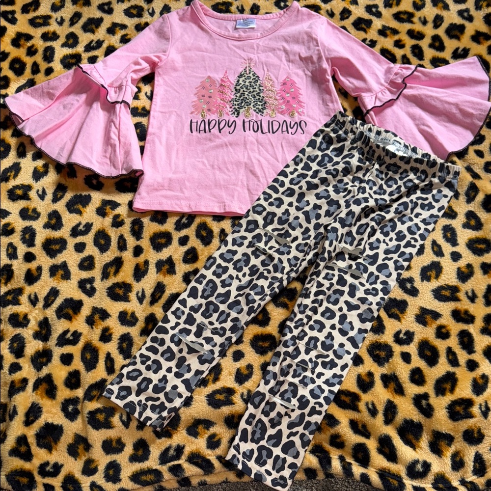Pink Holiday Top with Distressed Leopard Leggings